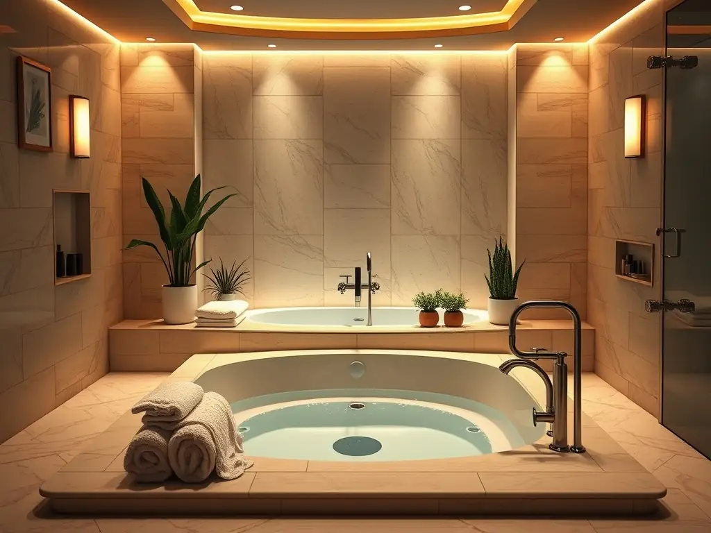 A luxurious bathroom featuring a soaking tub, walk-in shower, and elegant tile work, highlighting Solid Ground Construction's expertise in bathroom renovations.