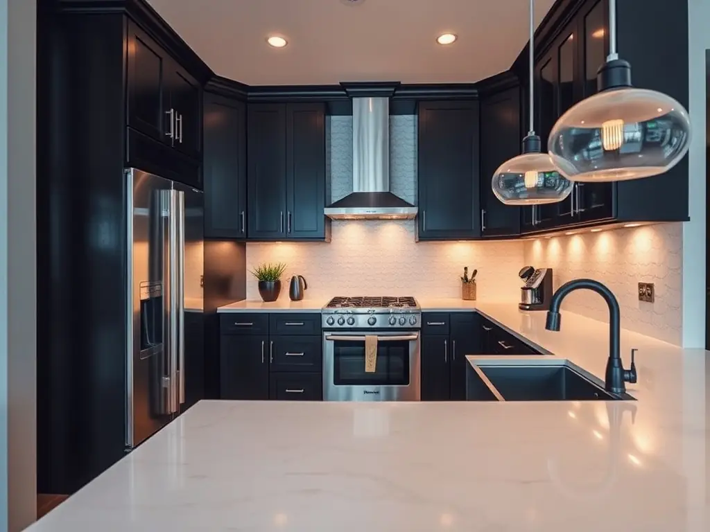 A beautifully remodeled kitchen with modern appliances, sleek countertops, and custom cabinetry, showcasing a recent kitchen renovation project by Solid Ground Construction.
